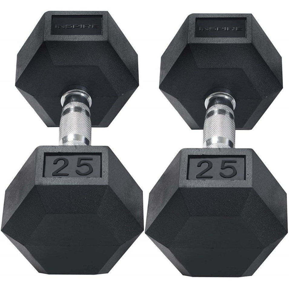 Inspire Fitness 210 lb. (5-30 lb.) Rubber Dumbbell Set with 6 pair Vertical Rack
