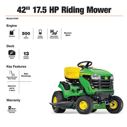 John Deere S100 42-in Riding Lawn Mower 17.5-HP Gas Hydrostatic Drive