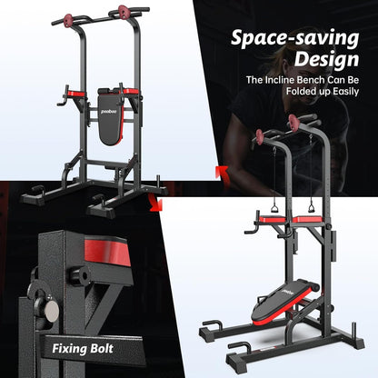 Pooboo Power Tower Dip Station, Pull-Up Bar, Supine Board, Adjustable