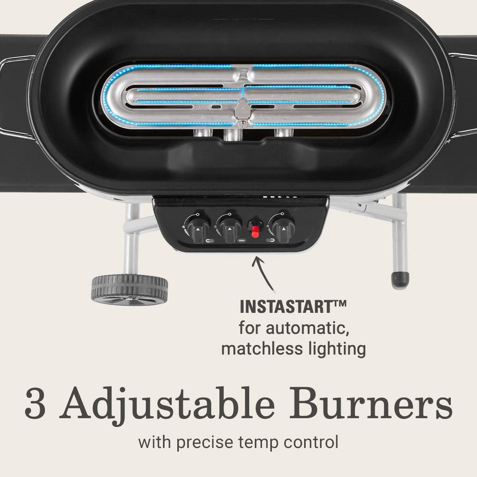 RoadTrip Portable Stand-Up Propane Grill with 3 Adjustable Burners & Instastart Ignition, 20,000 BTUs of Power for Outdoor Cooking