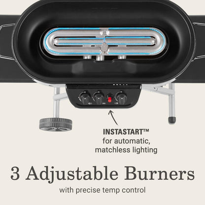 RoadTrip Portable Stand-Up Propane Grill with 3 Adjustable Burners & Instastart Ignition, 20,000 BTUs of Power for Outdoor Cooking