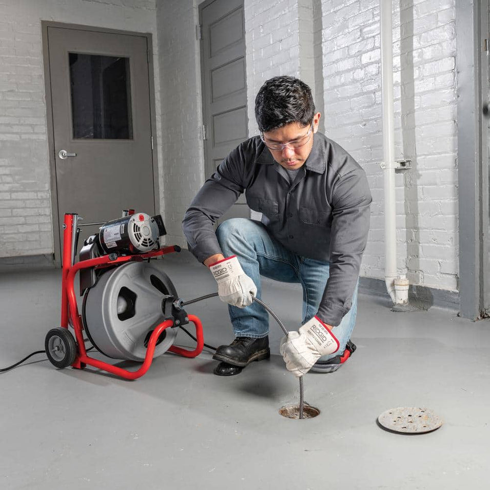K-400 Drain Cleaning Snake Auger 120-Volt Drum Machine with C-32IW 3/8 in. x 75 ft. Cable + 4-Piece Tool Set & Gloves 52363