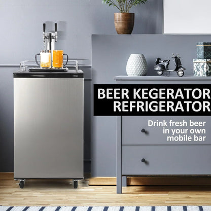 Beer Kegerator, Dual Tap Draft Beer Dispenser, Full Size Stainless Steel Keg Refrigerator With Drip Tray, CO2 Cylinder, 32°F- 50°F Temperature Control, 170L
